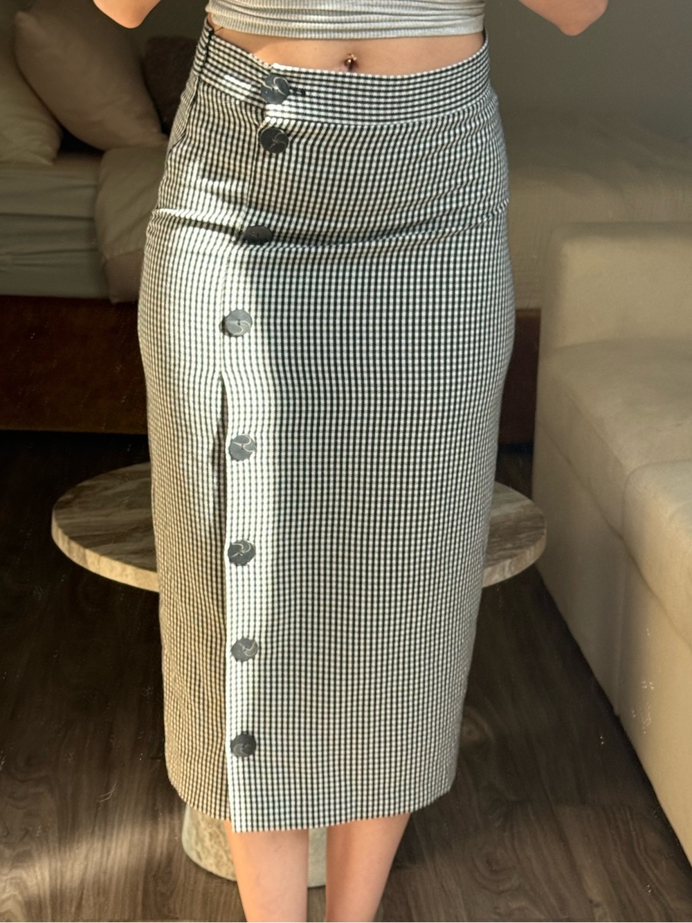 Zara Black White Gingham Plaid Button Front Midi Pencil Skirt XS